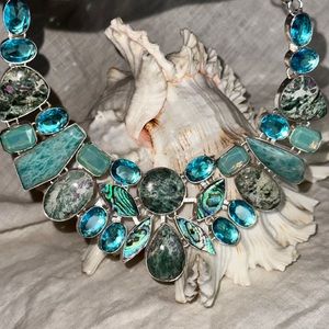 Exquisite Ruby Ziosite + Amazonite + Abalone + Blue Topaz statement necklace